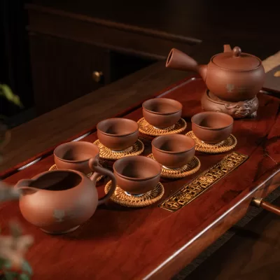 Bộ Bàn trà tre 3 chi tiết (6 chén nhỏ + 1 ấm , 1 khay trà tre, 1 tống gốm)